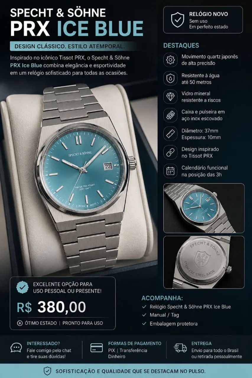 Relogio Specht e Sohne - azul claro - Estilo Tissot PRX  - Foto 3