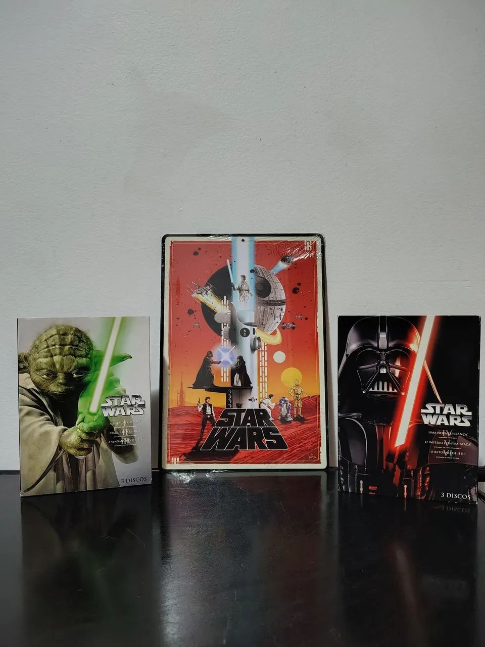 coleção star wars 6 dvds + placa decorativa