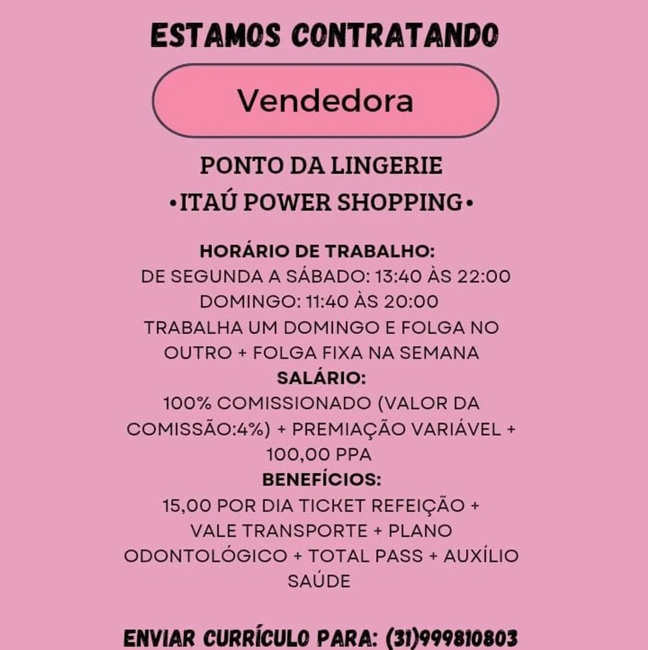 Vaga para Vendedora 