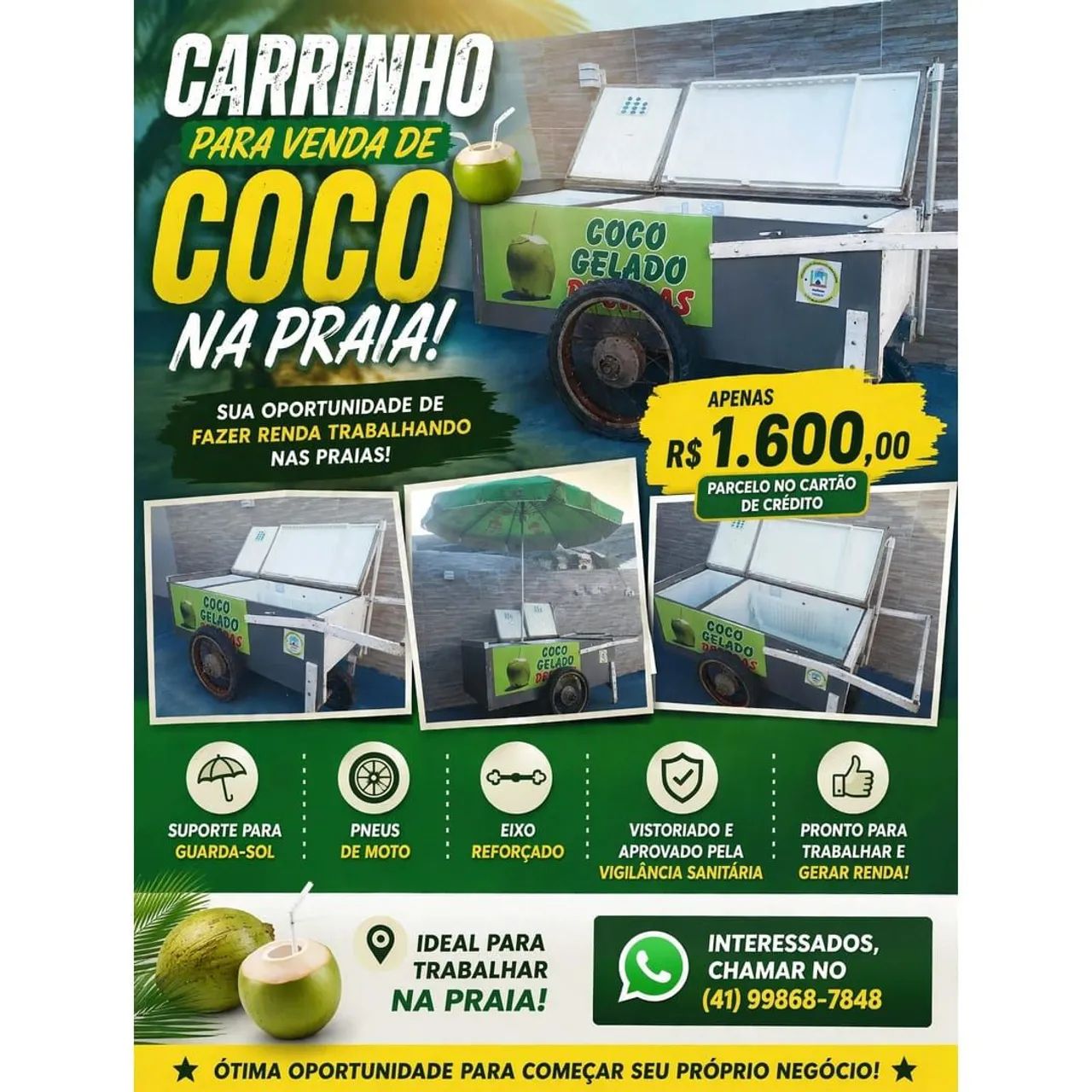 Carrinho de vender coco pronto para ganhar dinheiro 