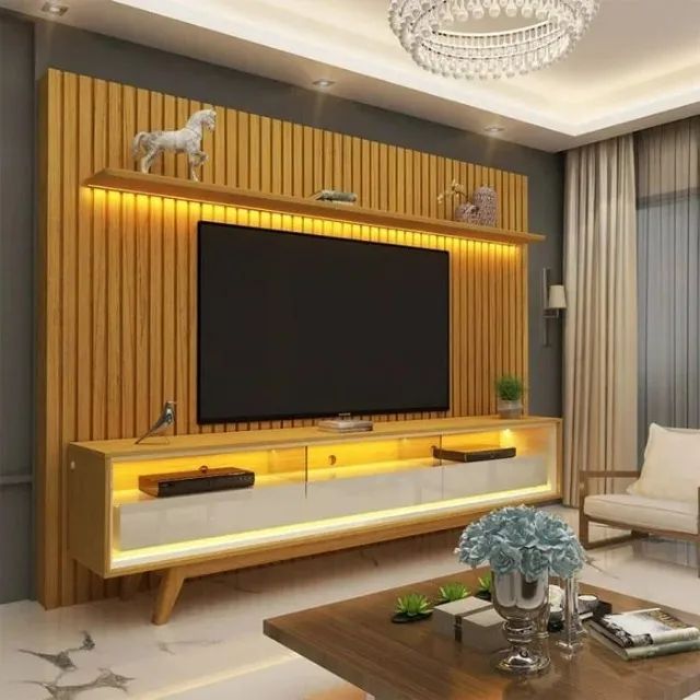 ? RACK COM PAINEL RIPADO 230CM PARA TV ATÉ 85 POLEGADAS COM LED E 3 GAVETAS - FRETE GRÁTI - Foto 4