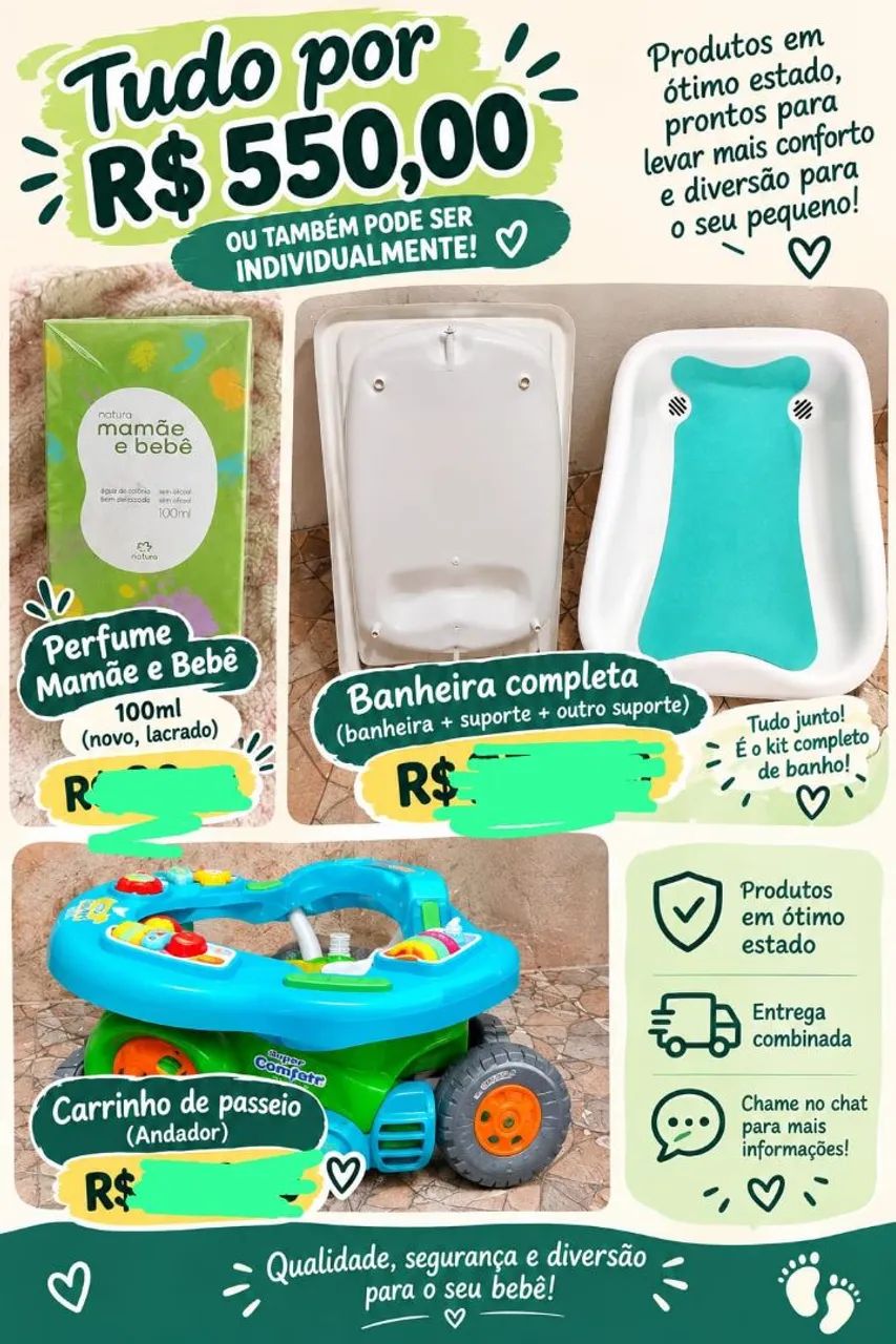 Carrinho de bebê, banheira completa, perfume mamãe e bebê 