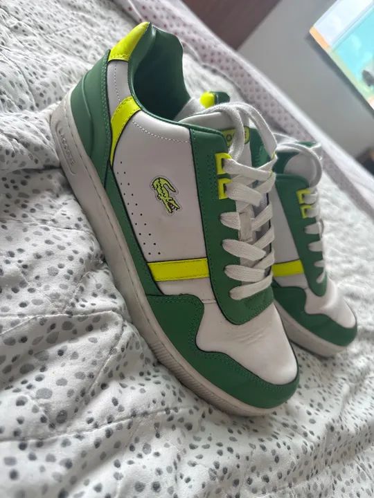 Tênis Lacoste Masculino Couro T-Clip Colour Block Trainers Branco/Verde