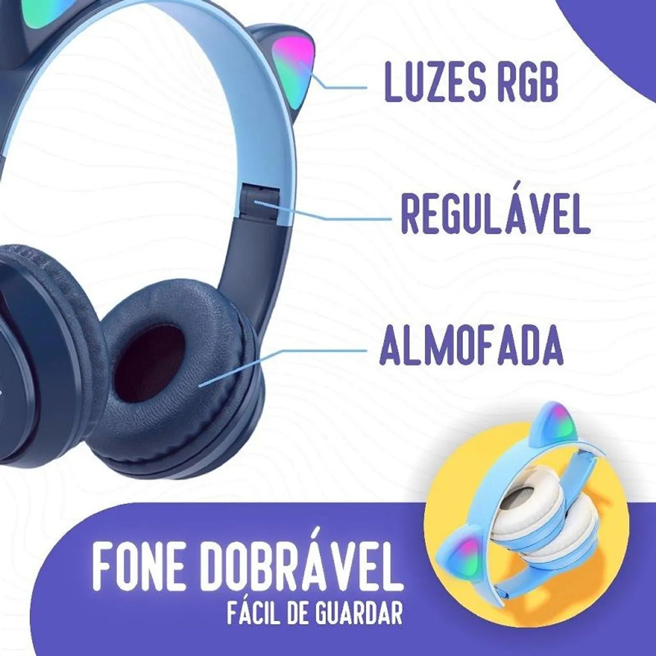 Headphone Bluetooth Orelhas de Gato LED RGB - Foto 3