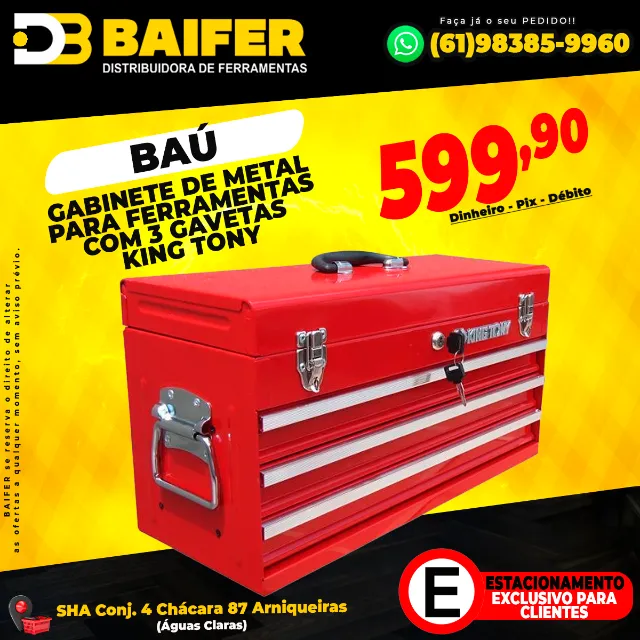 Baú Gabinete de Metal Para Ferramentas com 3 Gavetas King Tony