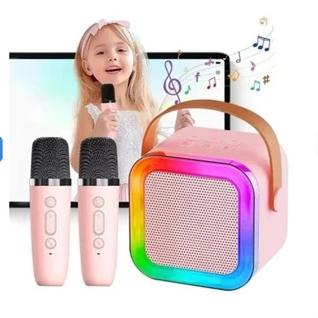 Caixa de Som Infantil Bluetooth com 2 Microfones Sem Fio, usb e Luzes LED.