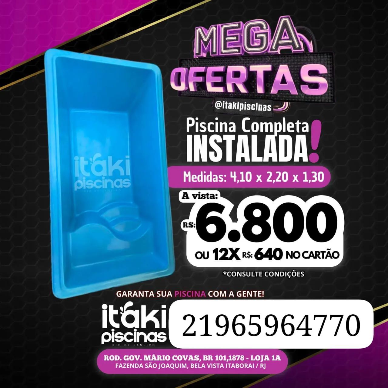 Piscina Completa Instalada 4,10 x 2,20 x 1,30 - R$ 6.800