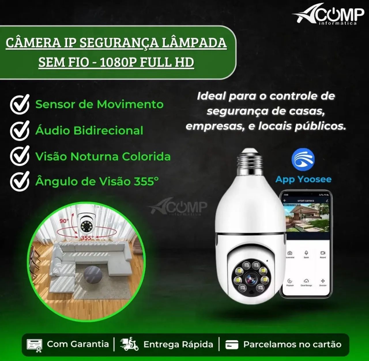 Câmera IP Segurança Lâmpada Sem Fio - 1080P Full HD
