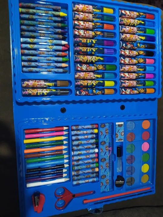 R$59.99 kit estojo maleta escolar infantil patrulha canina azul pintar desenhar completo - Foto 2