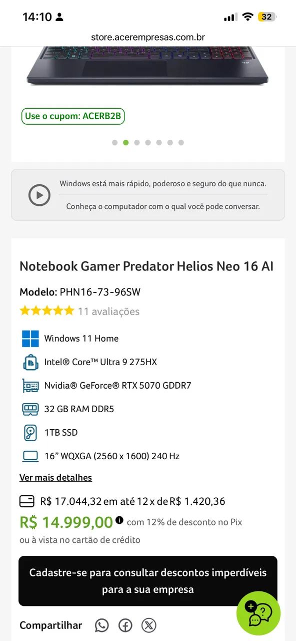 ACER PREDATOR HELIOS NEO 16S AI - RTX 5070 Ti | 48GB RAM | OLED 240Hz - Foto 2