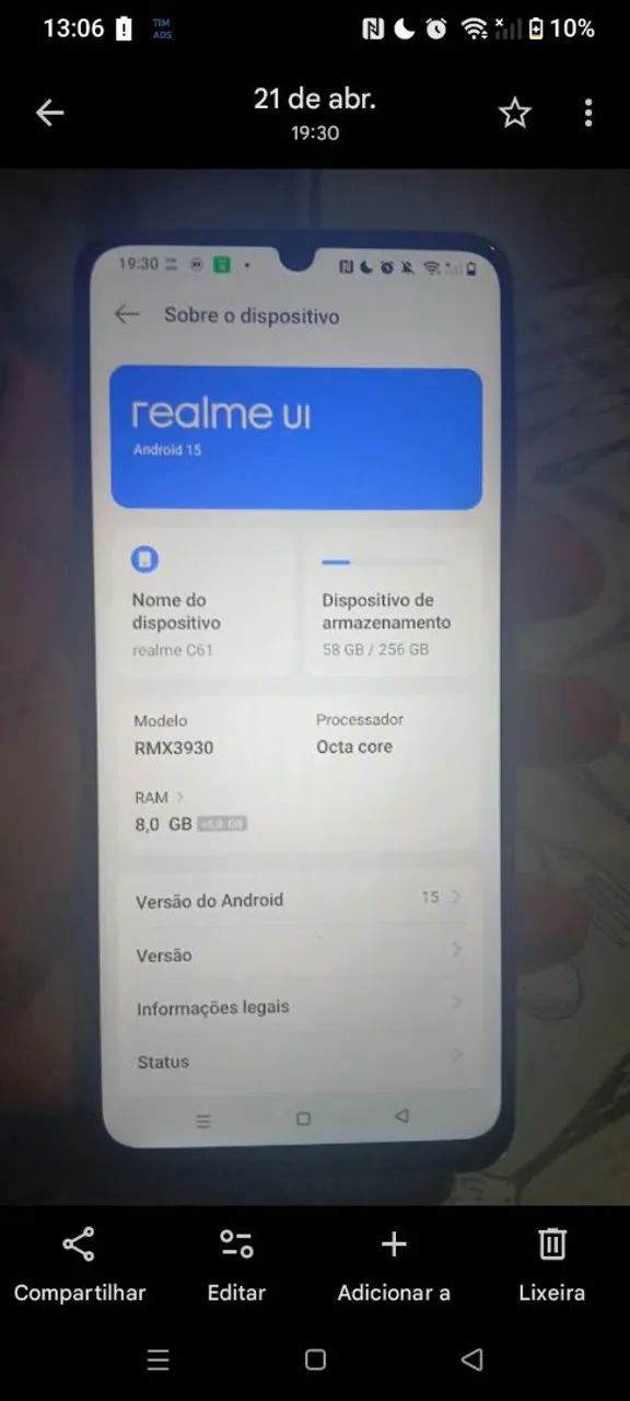 Célula realme c61 256 gb 8 de ram 