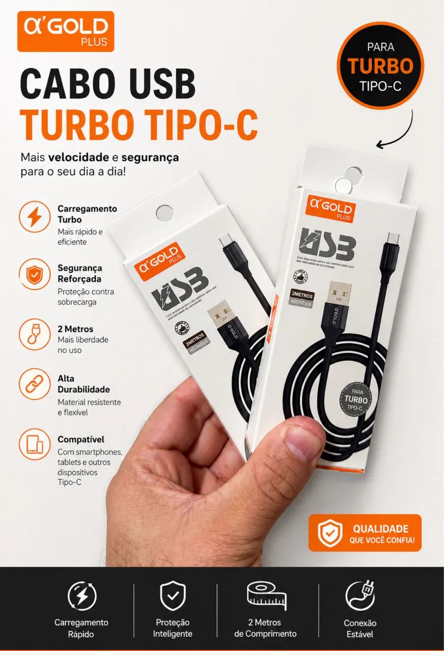 Excelente Cabo GOLD  2 Metros , USB / C e USB / Lightning 