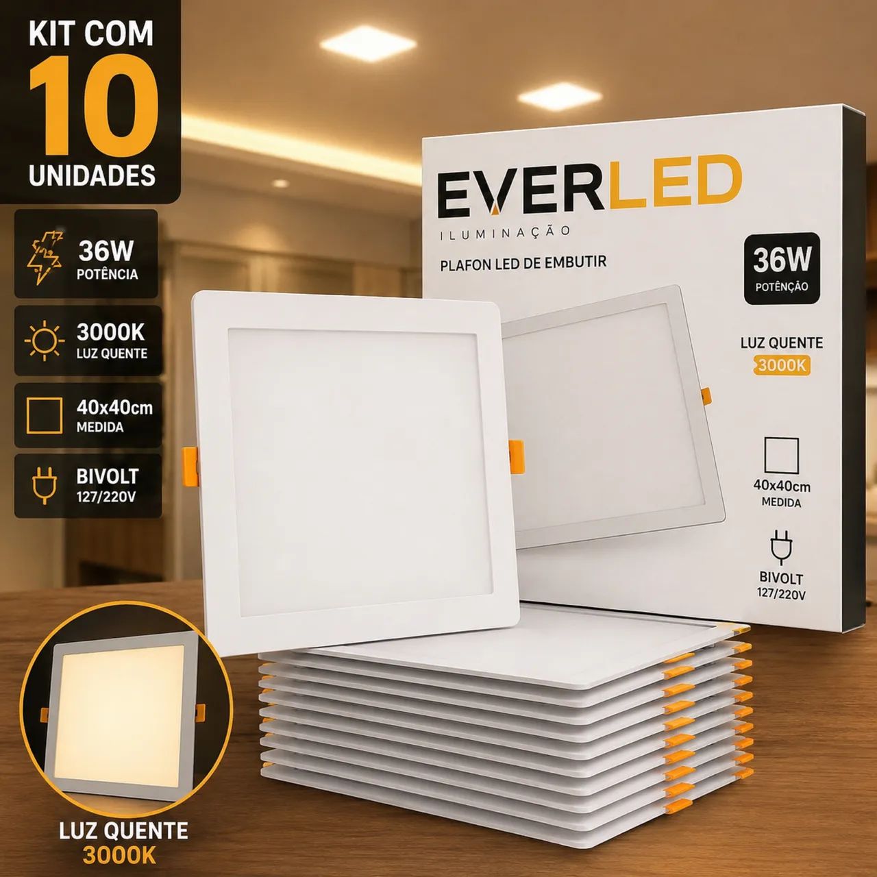 Kit com 20 Plafons LED Embutir 40x40 - 36W - 3000K (Luz Quente) - Novos