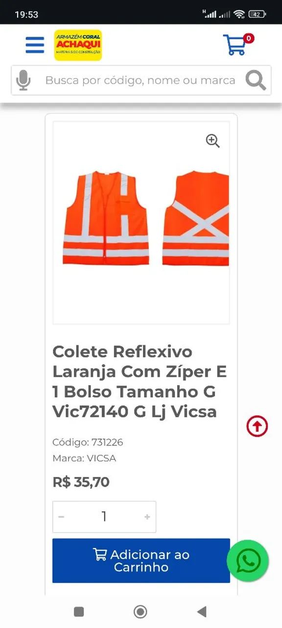 Colete Reflexivo Laranja Com Zíper E 1 Bolso Tamanho G Vic72140 G Lj Vicsa