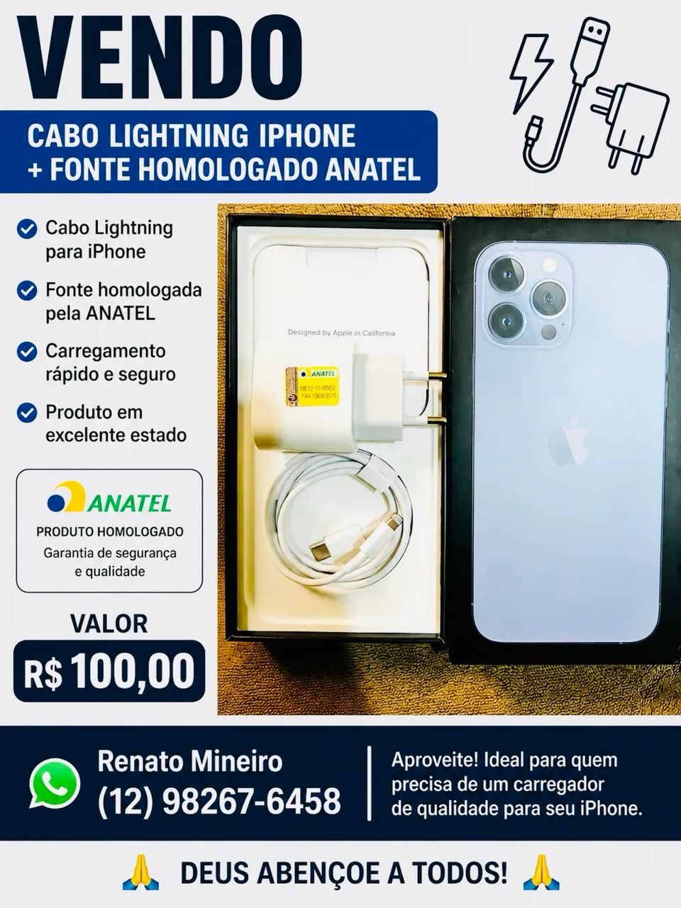 FONTE E CABO ORIGINAL DO IPHONE MODELO INFERIORES AO IPHONE 14 - Foto 4