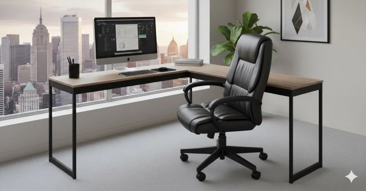 Mesa em L MDF e ferro para escritório 