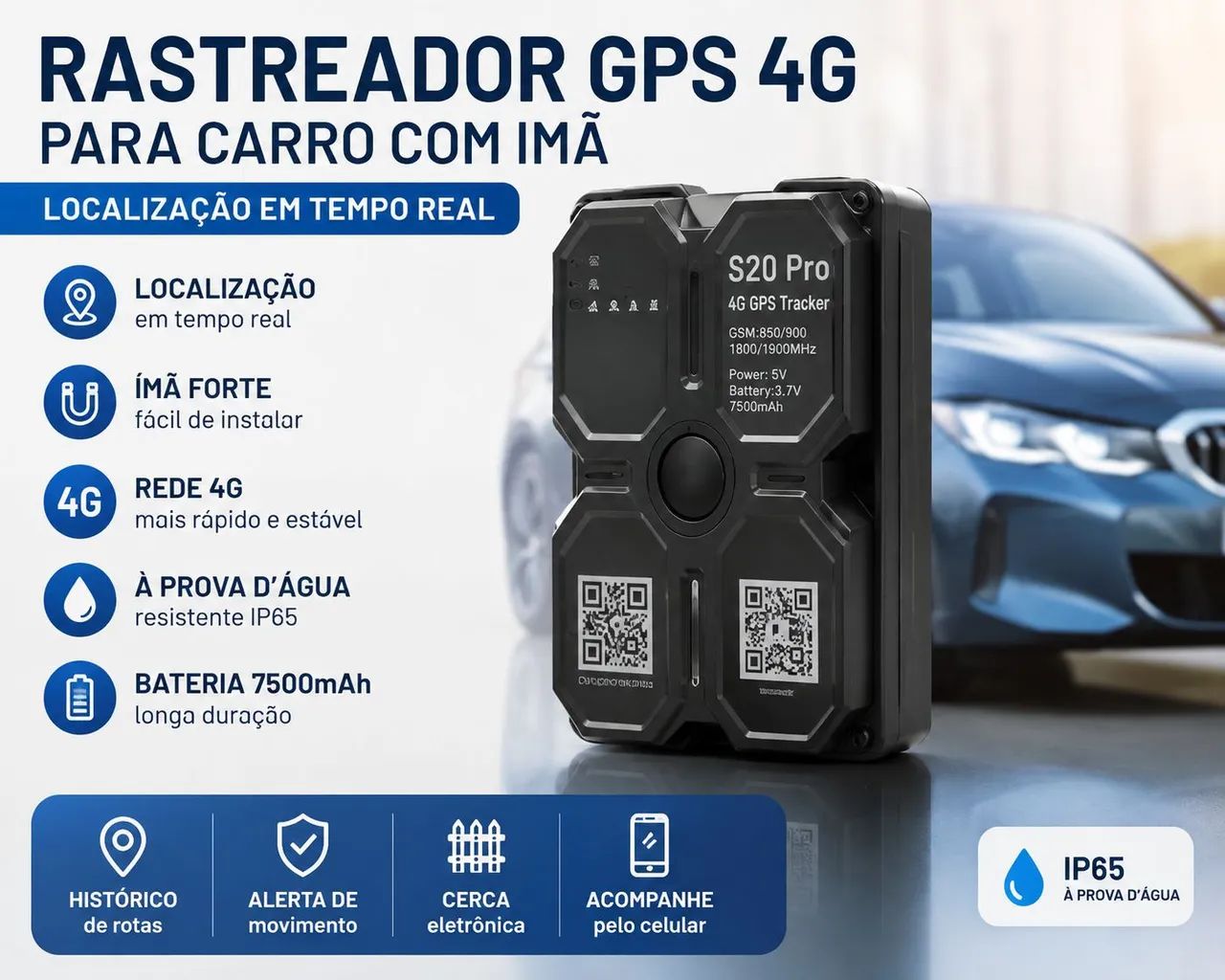 Rastreador GPS 4G S20 Pro para Carro - 7500mAh com Ímã