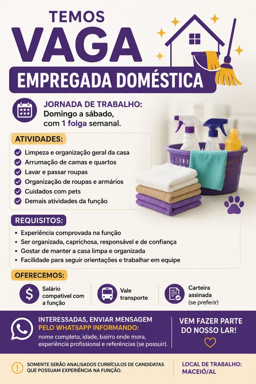 VAGA PARA SECRETÁRIA DO LAR