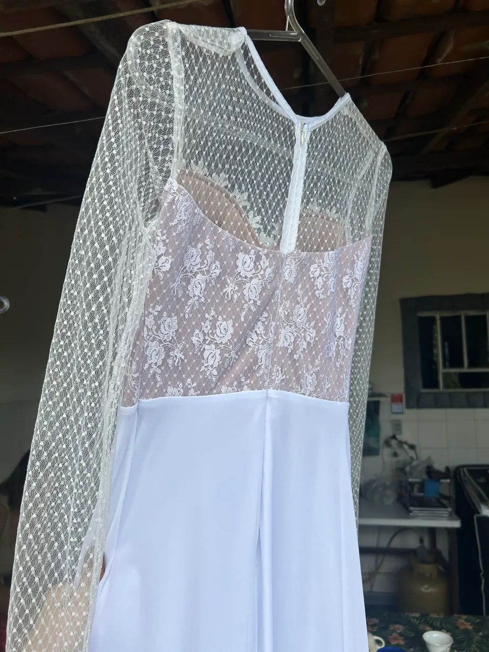 Vestido Longo Branco Renda Rosé e Tule  - Foto 4