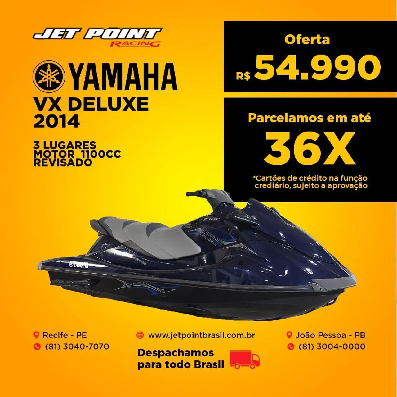 JET YAMAHA VX DELUXE 2014, 3 Lugares, Motor 1100, Muito Novo, Parcelo 36x