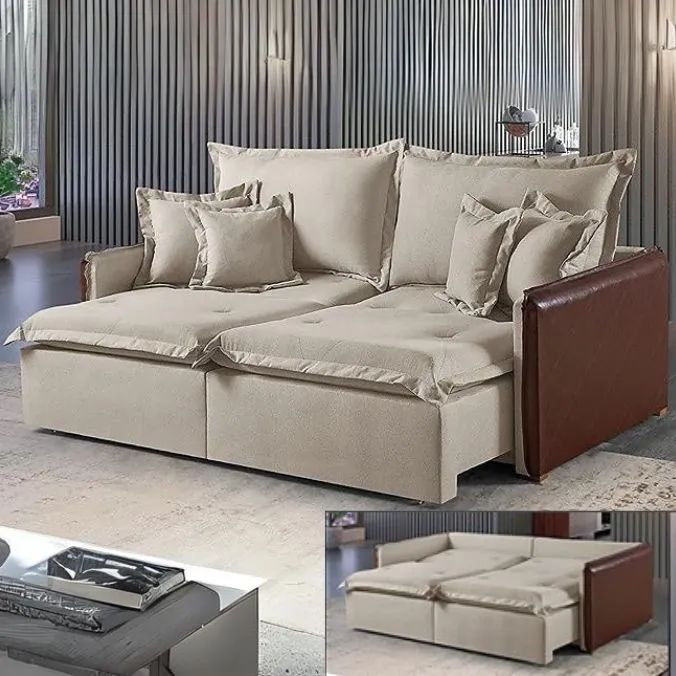 Sofá Cama Retrátil Zara 2,20m Linho Bege tt43