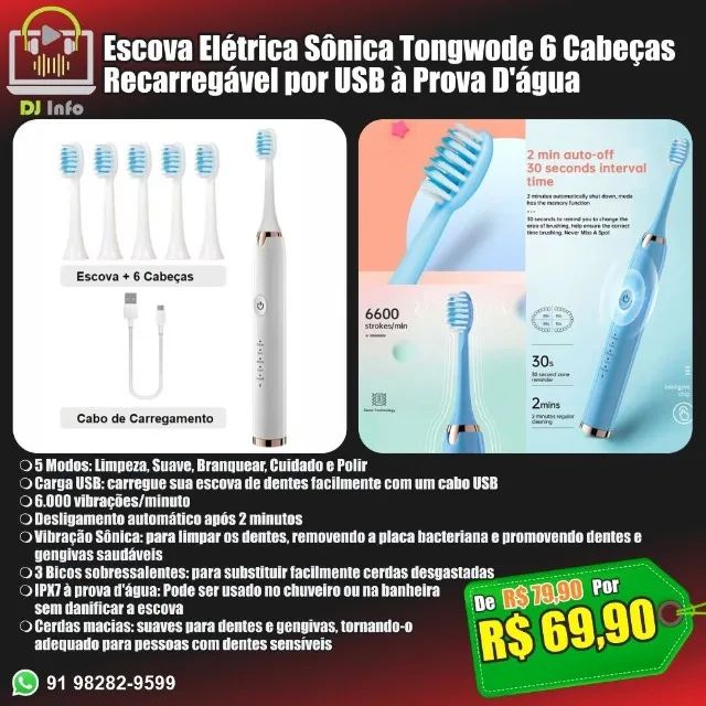Escova Elétrica Sônica Tongwode Recarregável 6 Cabeças USB à Prova D'água