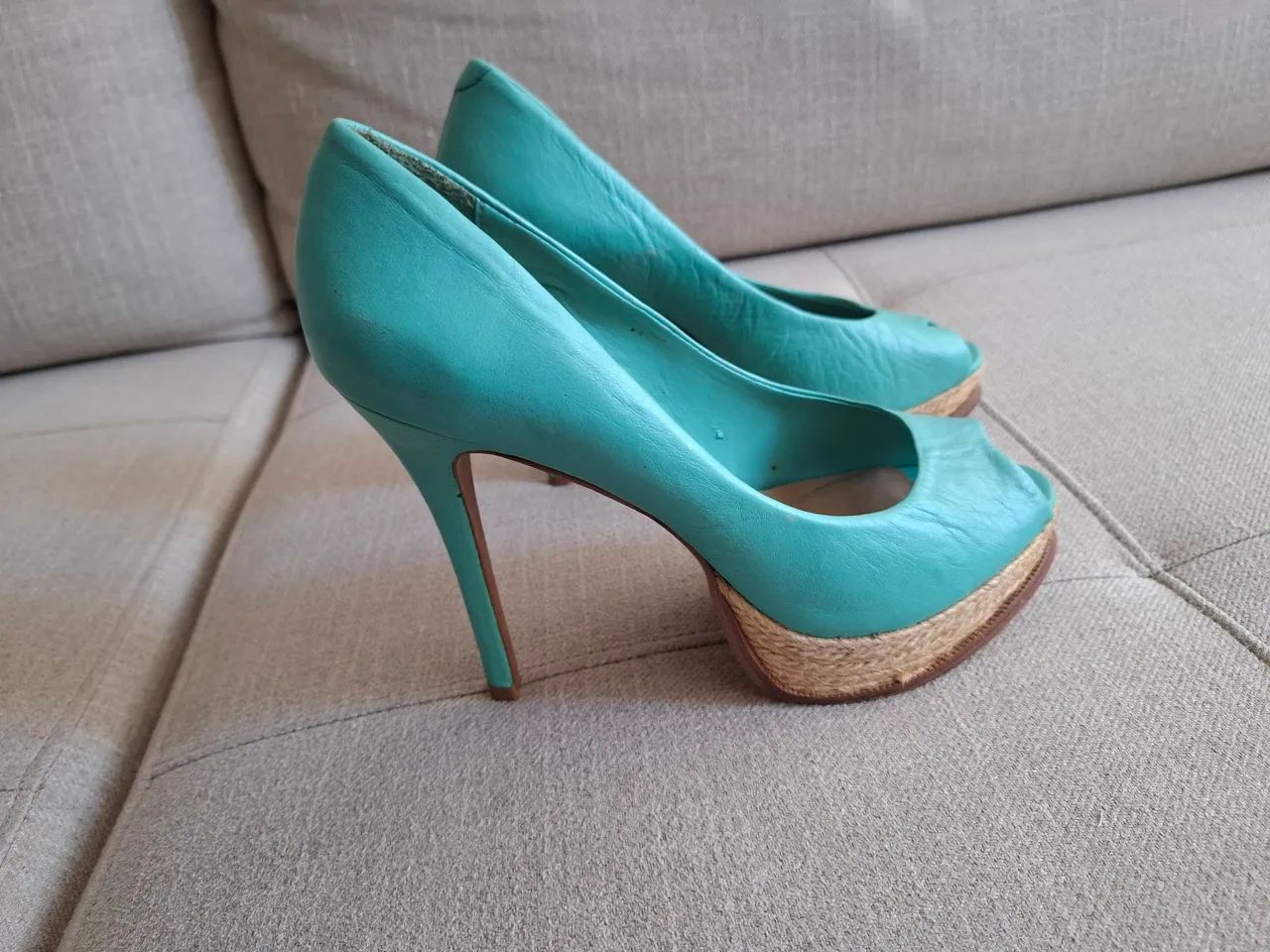 Sandália Salto Alto Peep Toe Azul Tiffany Calçados Buritis