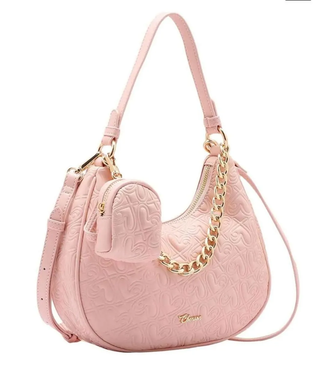 Bolsa de Ombro Rosa com Detalhes e Corrente Dourada