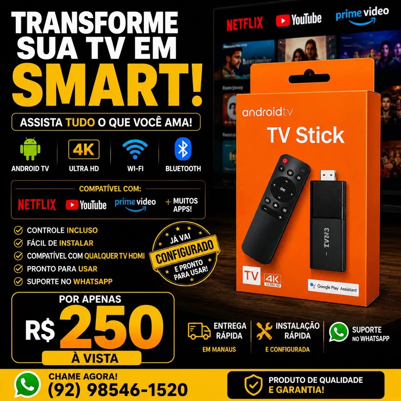 ? TV Stick Android 4K + Instalação + App Liberado | Entrega Hoje