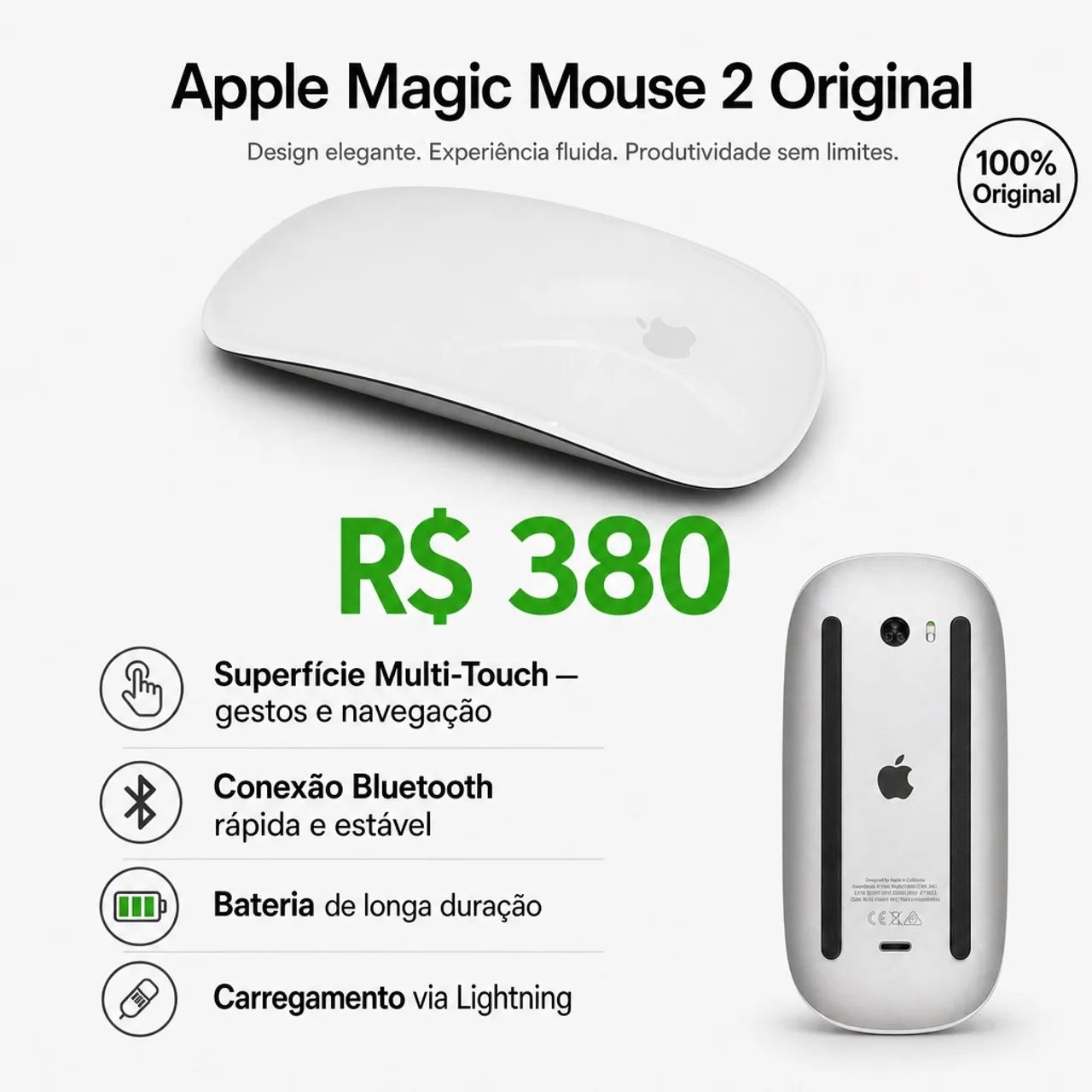 Apple Magic Mouse 2 Original (A1657) - Prata - Funcionando Perfeitamente - Foto 4