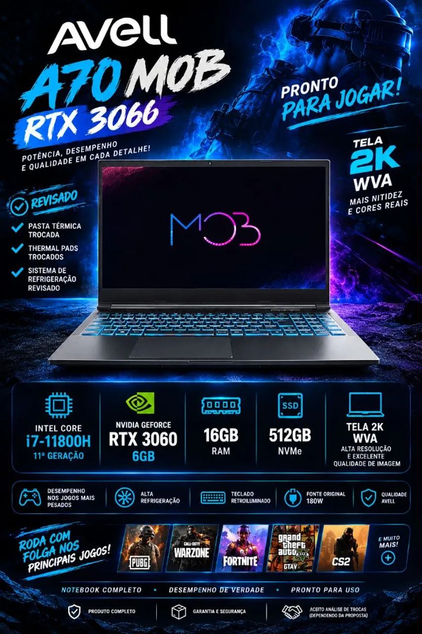 ? NOTEBOOK GAMER AVELL A70 MOB ? RTX 3060 + TELA 2K