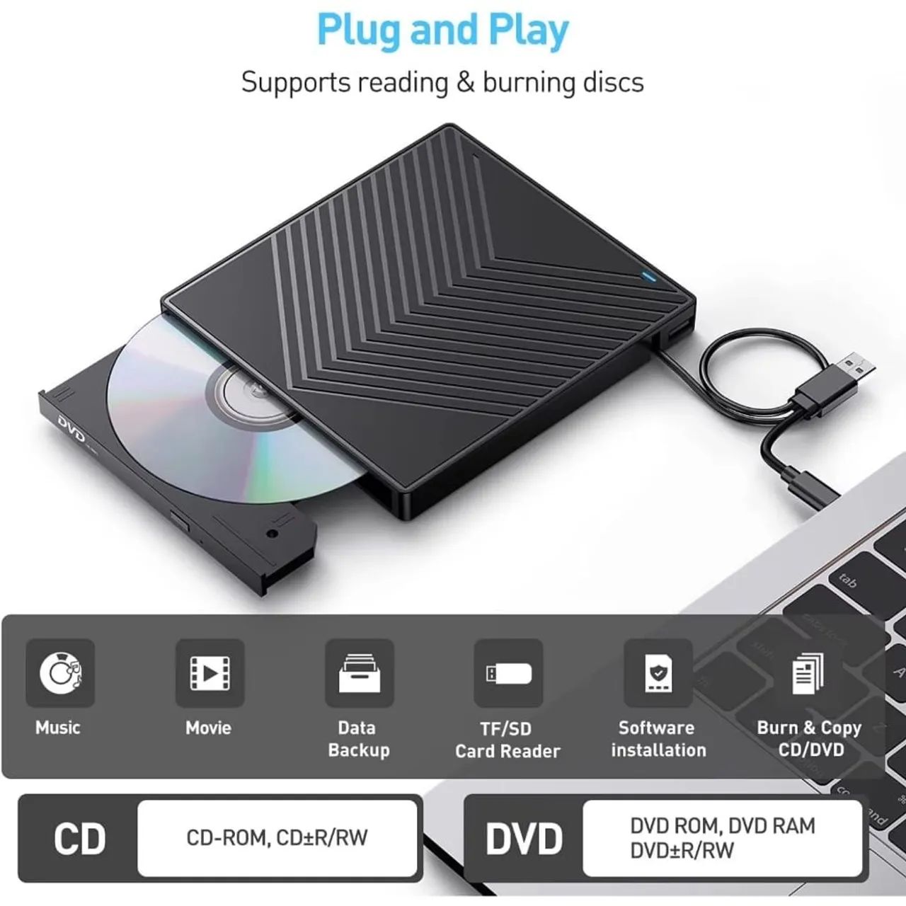 Gravador e leitor de CD, DVD, pendrive, Cartão de Memória 7 em 1 externo - Foto 5
