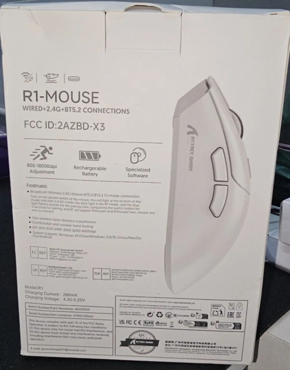 Mouse Attack Shark  R1 s/ fio 2.4Ghz + bluetooth 5.2