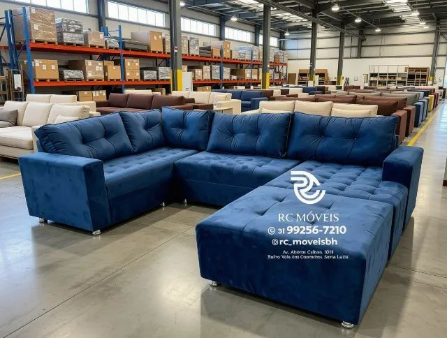 Sofá de Canto 3,10m com Chaise e Puff Veludo Caramelo D33 Resistente