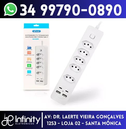 Filtro de Linha 5 Tomadas 2 Usb 2 Tipo-C com 2 metros 