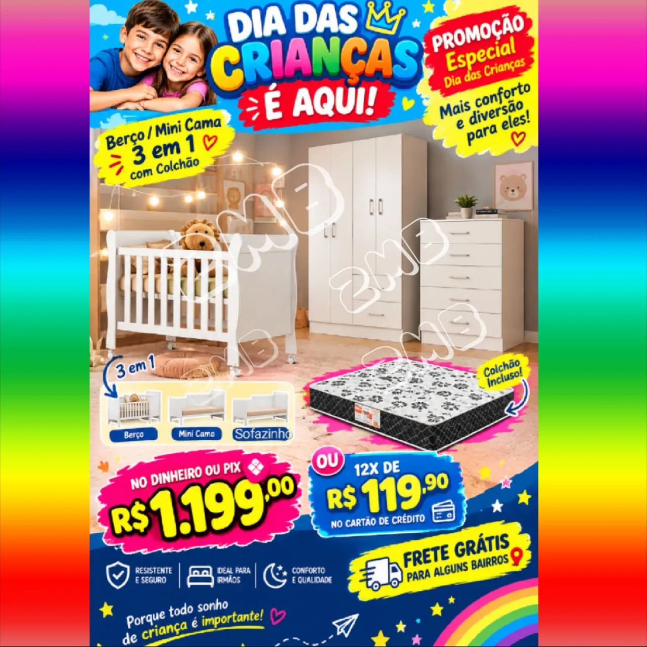 Quarto de Bebê Guarda roupa, berço com Colchão e cômoda 
