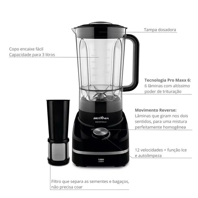 Liquidificador Britânia Revert Turbo Blq1250 3 L Preto 220v-12 velocidades