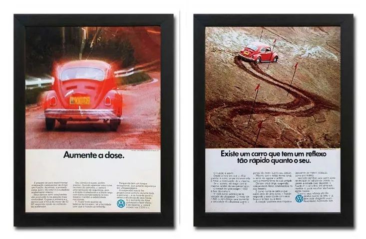 Fusca 1500 - Kit com 2 quadros decorativos com propaganda original de revista