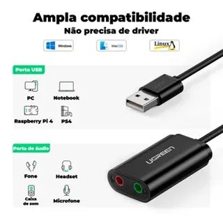 Adaptador de Áudio Ugreen USB 2.0 para P2 US205 - Preto - Foto 3