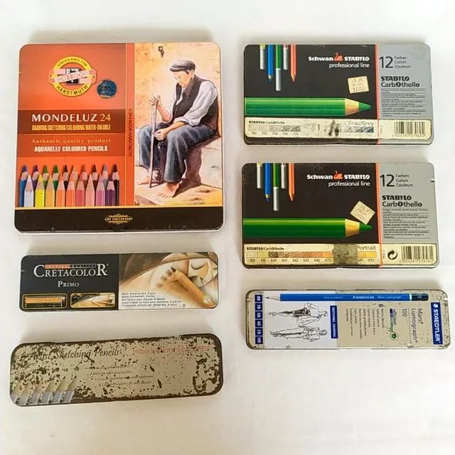 LOTE com 05 (Cinco) ANTIGOS ESTOJOS de LÁPIS DE COR, todos de LATA - Linha Profissional