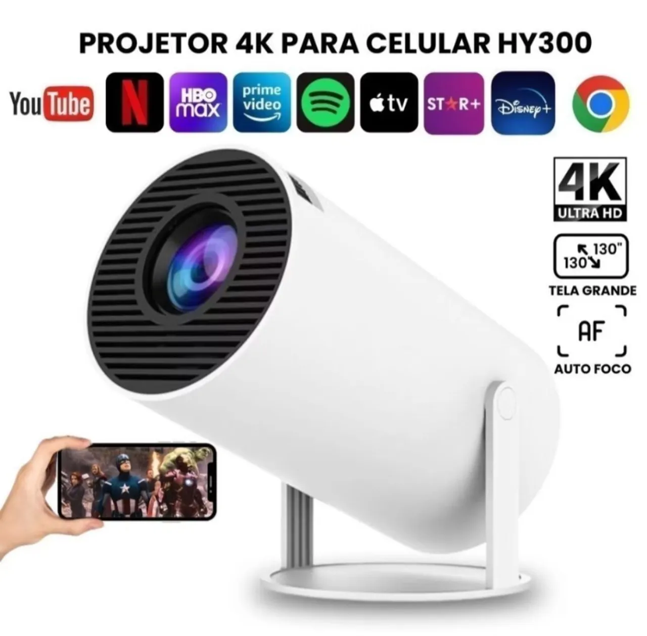 Projetor 4K para Celular HY300 - Tela Grande 130''