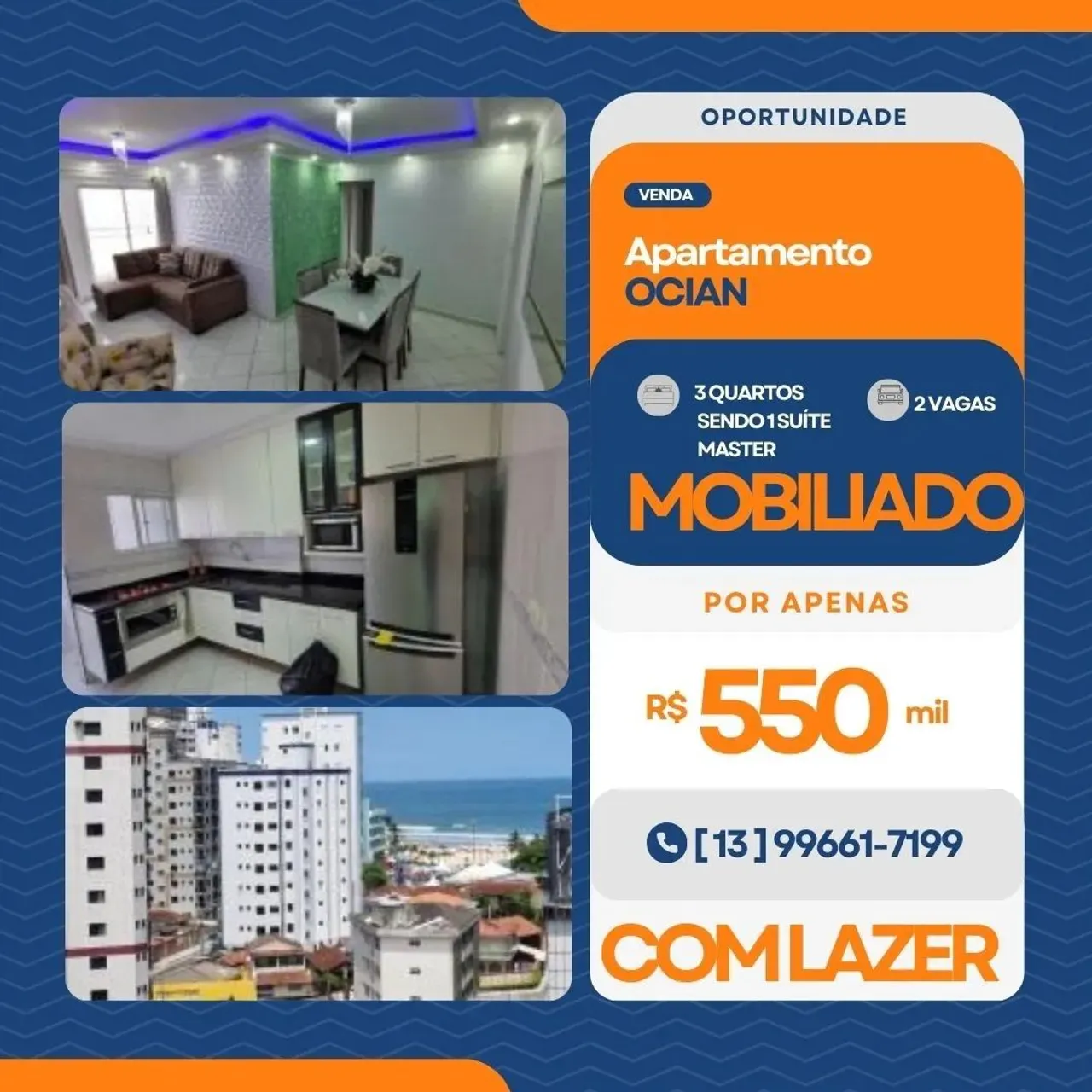 Apartamento para Venda em Praia Grande, Ocian, 3 dormitórios, 2 suítes, 3 banheiros, 2 vag
