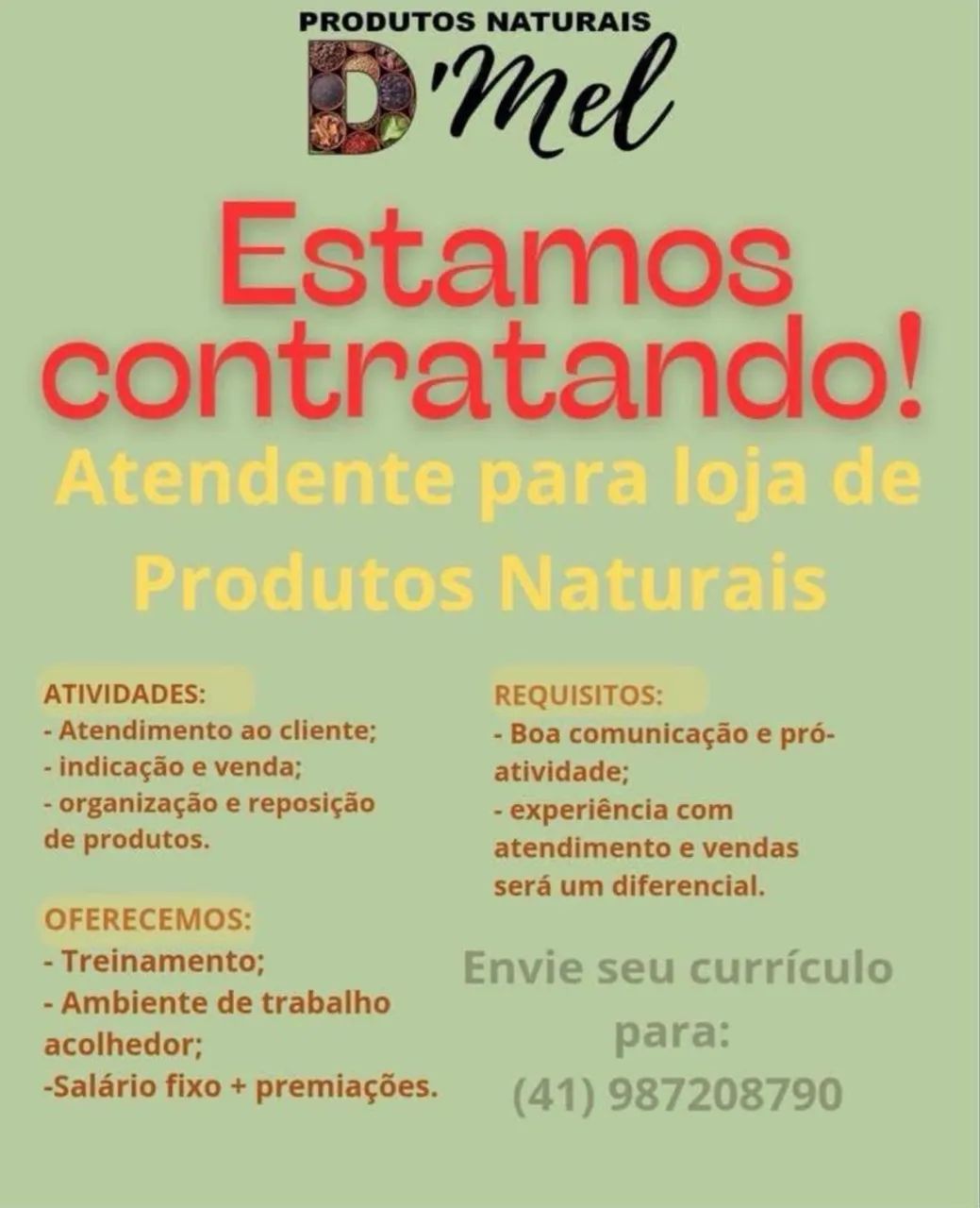 Vaga Atendente na Dmel Produtos Naturais