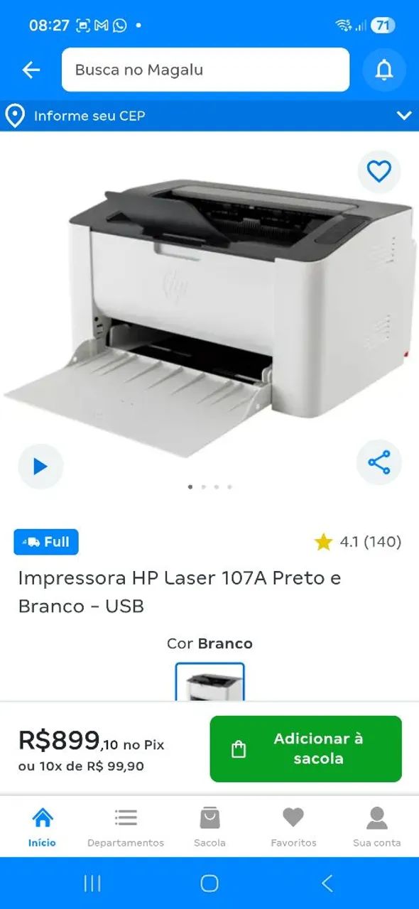 Impressora HP Laser 107A Preto e Branco - USB