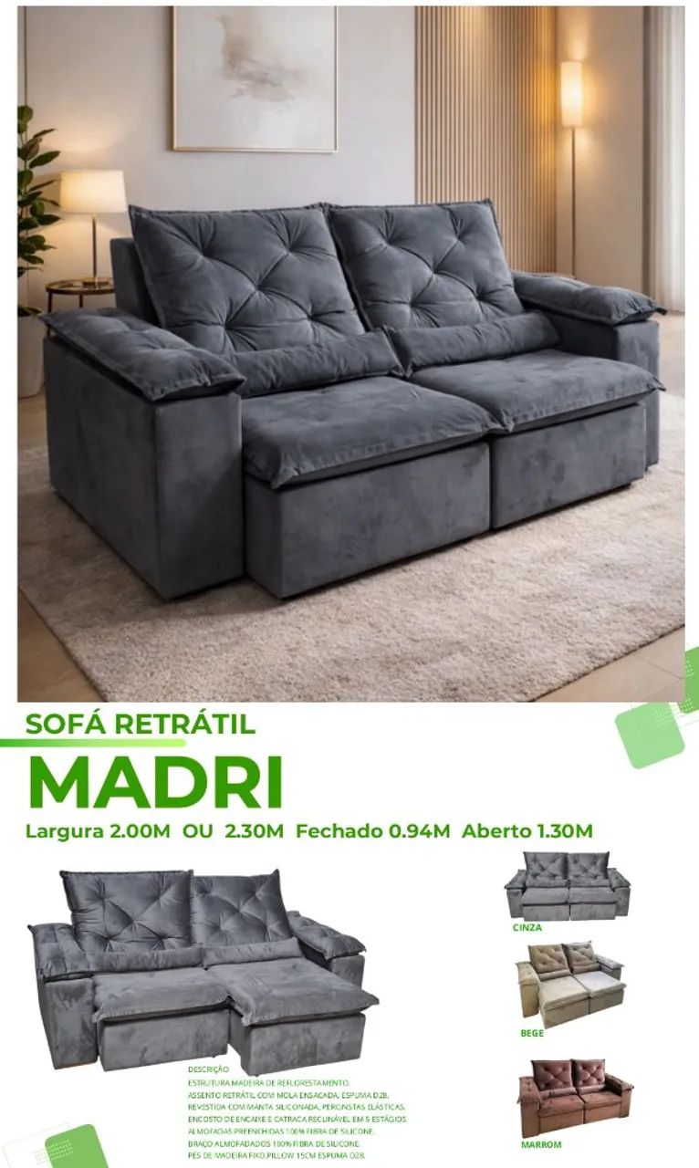 Sofá retrátil 2,30m molas ensacadas estrutura de madeira - Foto 2