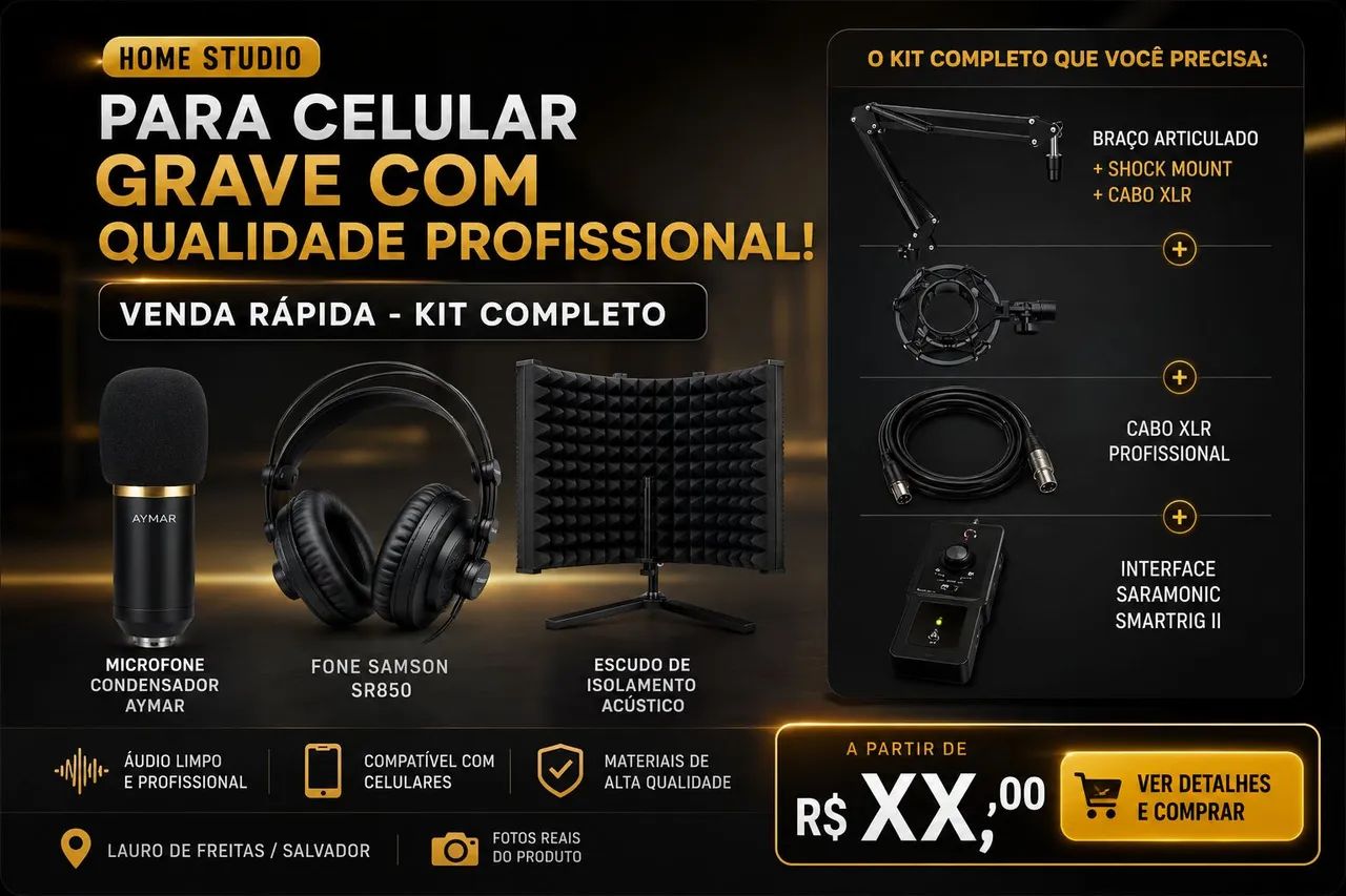 Kit Studio Completo para Celular - Microfone + Fone + Interface
