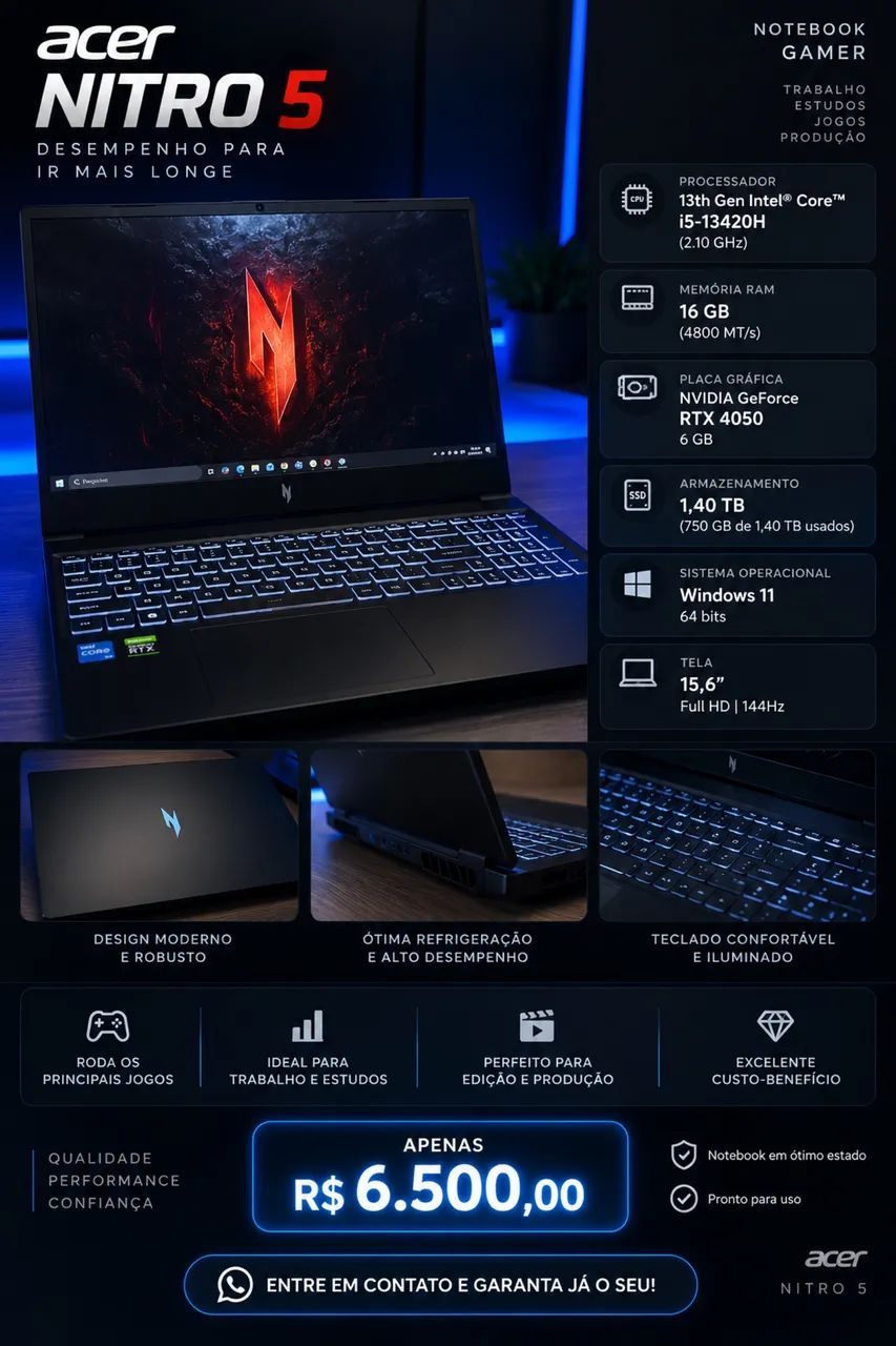 Notebook RTX 4050 16GB RAM + 1,5 TB de memória 