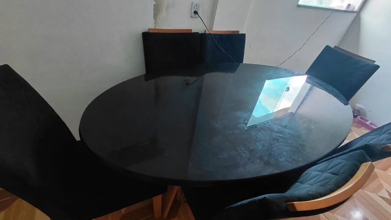 MESA DE SALA DE VIDRO PRETA 6 CADEIRAS