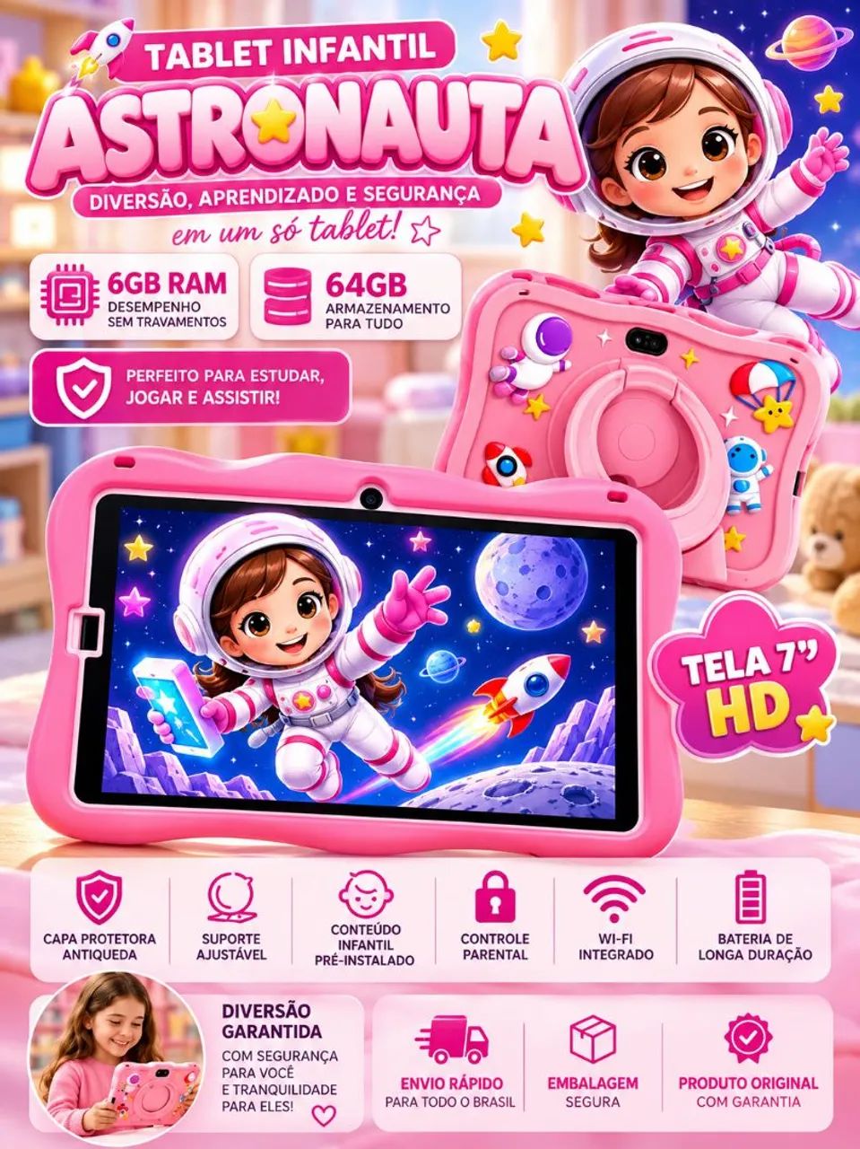 Tablet infantil Kids 7 Polegadas Android 13 6GB RAM + 64GB Wi-fi Capa Protetora Caneta Tou - Foto 4