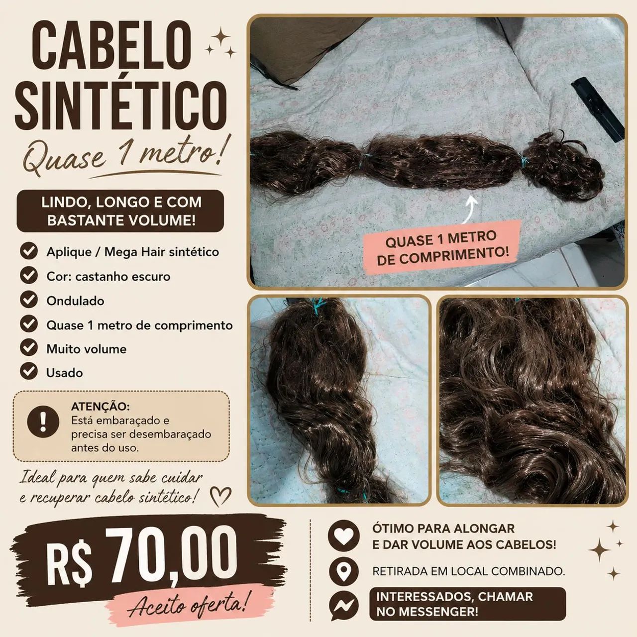CABELO SINTÉTICO LONGO - QUASE 1 METRO